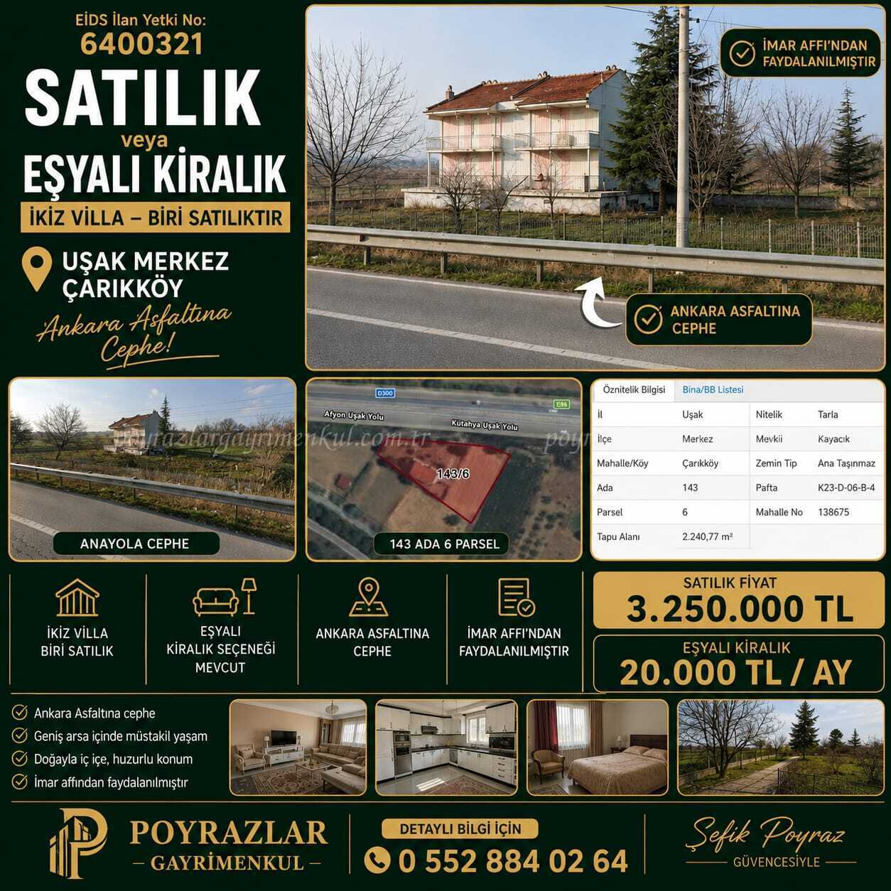 Uşak -Ankara Asfaltına sıfır İkiz villalardan 1 Tanesi SATILIK - EŞYALI KİRALIK
